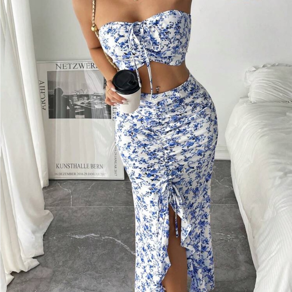 SHEIN Blue and White Floral Skirt Set